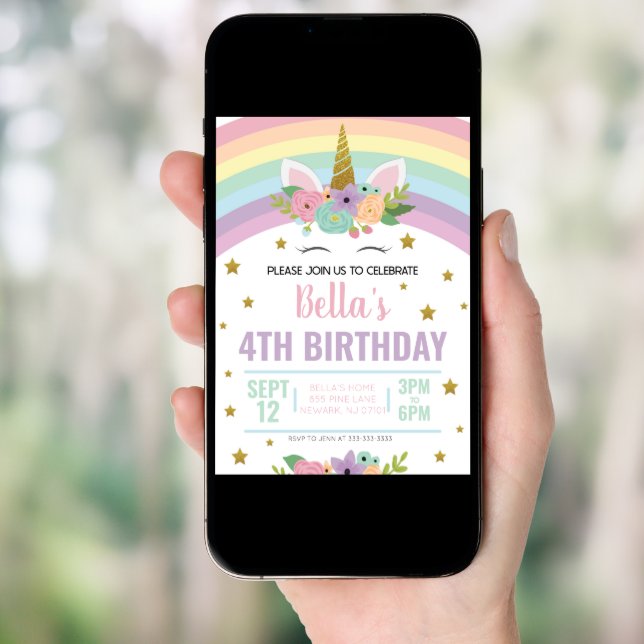 Unicorn and Rainbows Birthday Party Invitation (Front Digital)