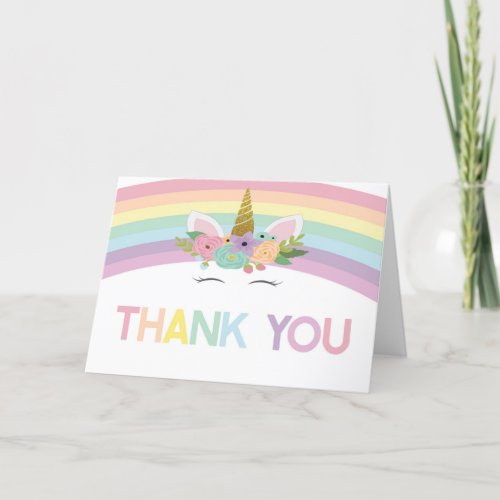 Unicorn and Rainbows Gold Glitter Stars Thank You Card