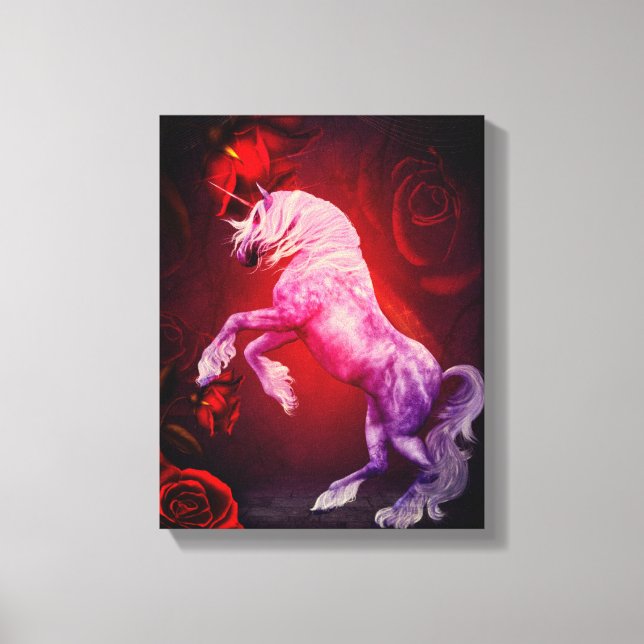Unicorn And Red Roses Fantasy Horse Art Canvas Print (Front)