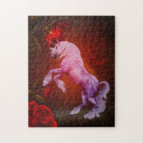 Unicorn And Red Roses Fantasy Horse Art Jigsaw Puzzle