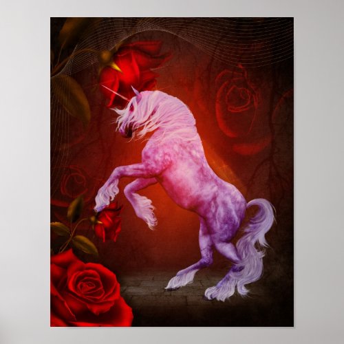 Unicorn And Red Roses Fantasy Horse Art Poster