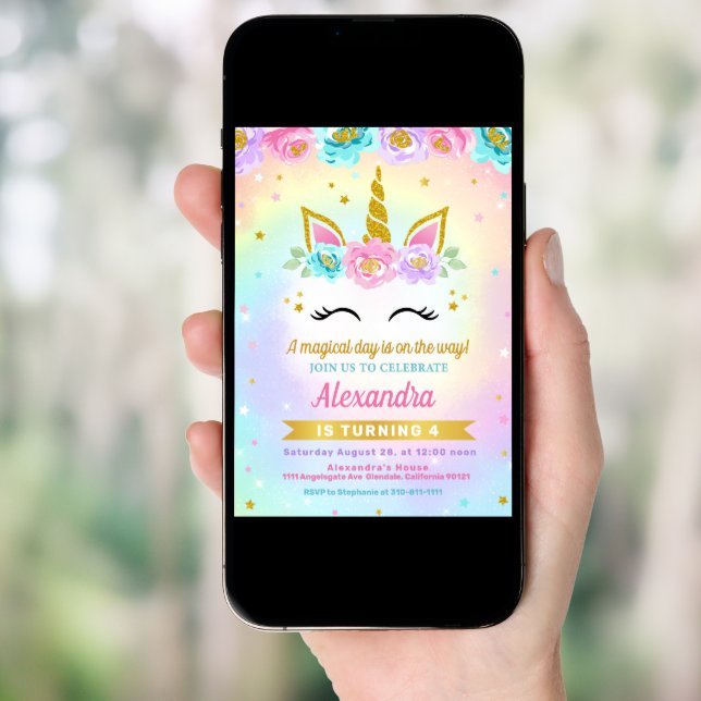 Unicorn and Roses Kids Birthday Invitation (Front Digital)