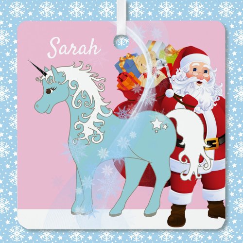 Unicorn and Santa Claus Christmas Tree Add Name  Metal Ornament