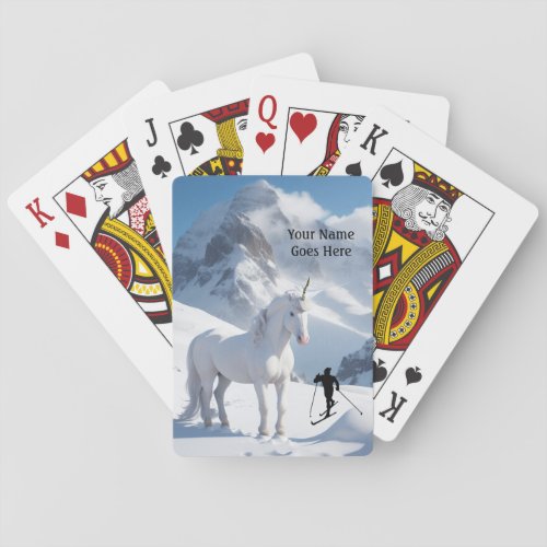 Unicorn and Skier silhouette snowy mountain scene  Playing Cards