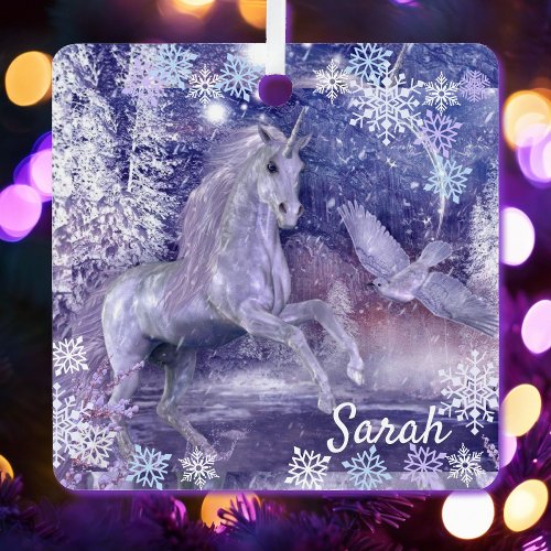 Unicorn and Snow Add Name Lavender Metal Ornament