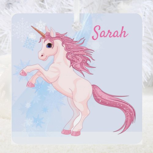 Unicorn and Snow Add Name Pink Metal Ornament