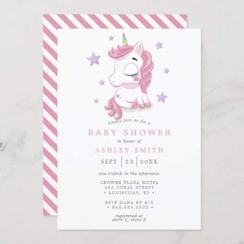 Unicorn And Stars Cute Girl Baby Shower Invitation
