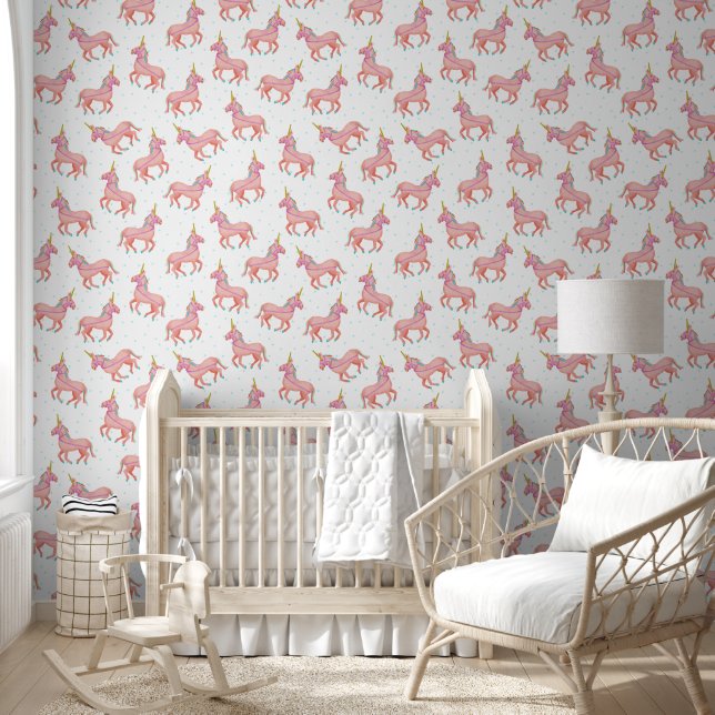 Unicorn and Stars Pattern Cute Pink White Wallpaper (Kids)
