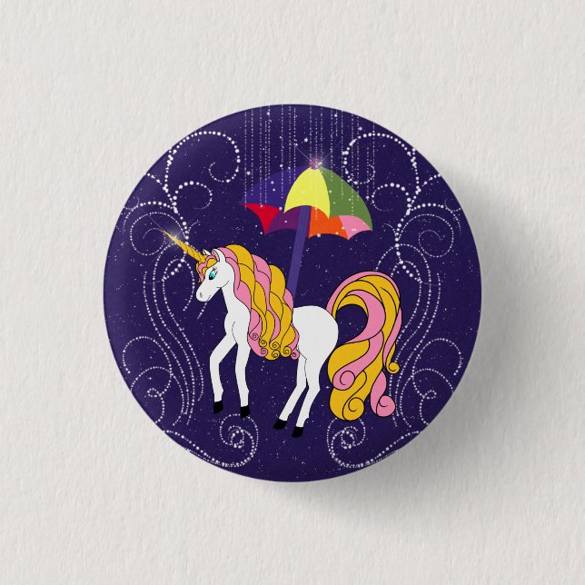 Unicorn and Umbrella Whimsical Cartoon Art Button (Front)