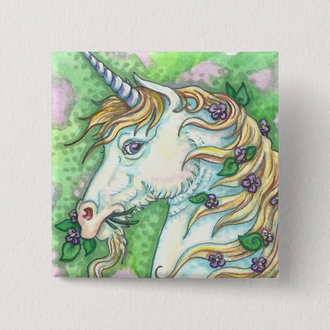 UNICORN AND VIOLETS, FANTASY HORSE BUTTON Pin (Front)