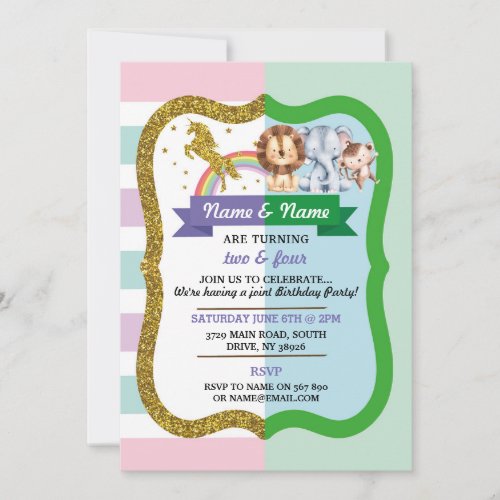 Unicorn  Animals Joint 2 Children Birthday Invitation