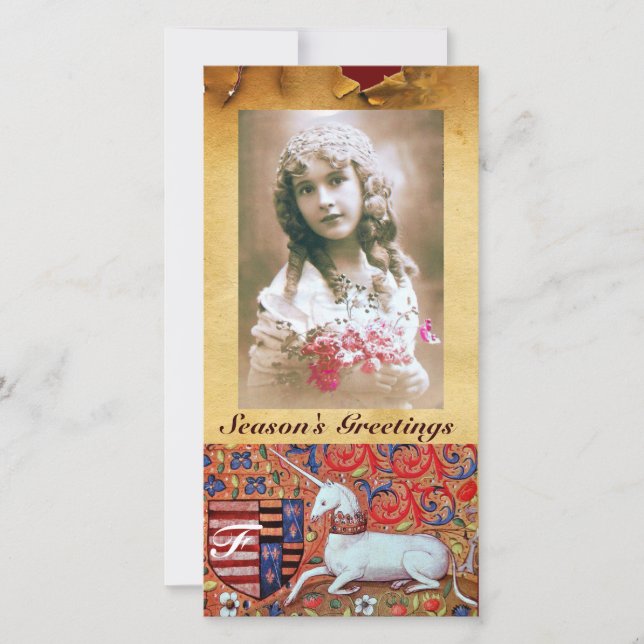 UNICORN ANTIQUE BROWN PARCHMENT MONOGRAM HOLIDAY CARD (Front)