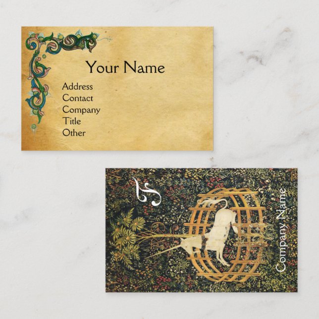 UNICORN /Antique Floral Brown Parchment Monogram Business Card (Front/Back)