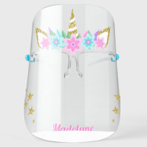 Unicorn Aqua Flowers Gold Glitter Stars Name Face Shield