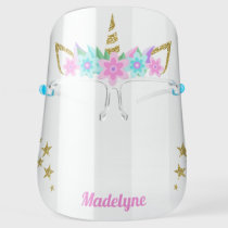 Unicorn Aqua Flowers Gold Glitter Stars Name Face Shield