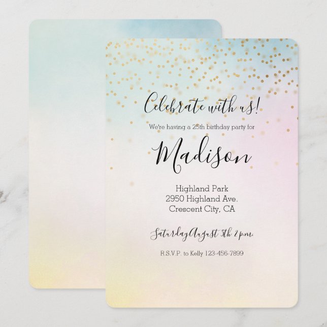 Unicorn Aqua Pink Yellow Tie Dye Gold Confetti Invitation (Front/Back)
