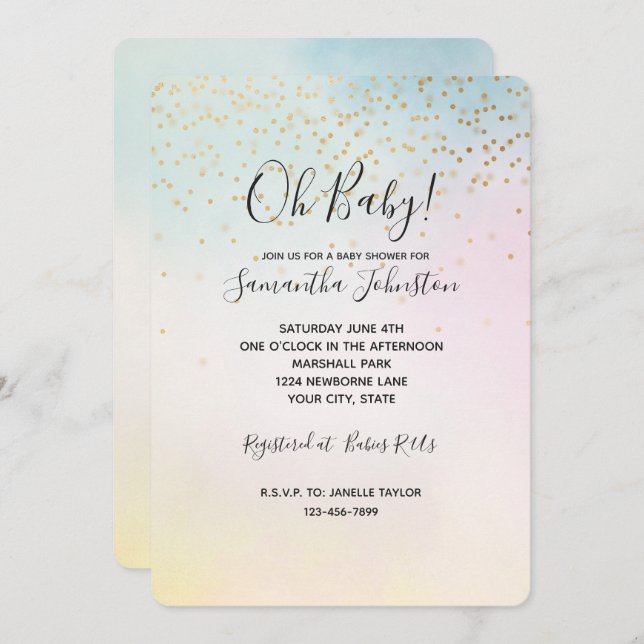 Unicorn Aqua Pink Yellow Tie Dye Gold Confetti Invitation (Front/Back)