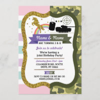 Unicorn & Army Joint Boy Girl Birthday Military Invitation