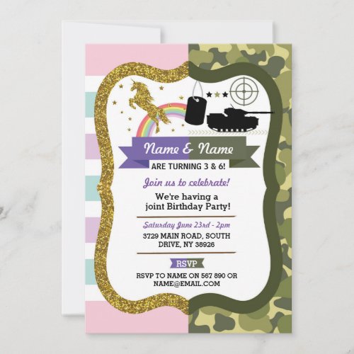 Unicorn  Army Joint Boy Girl Birthday Military Invitation