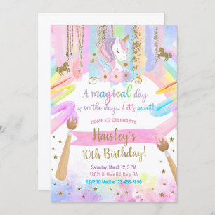 Unicorn art, painting, girl birthday invitation. invitation
