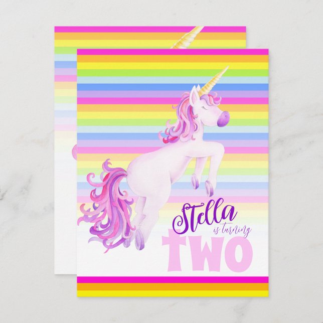 Unicorn art rainbow 2nd birthday invitations (Front/Back)