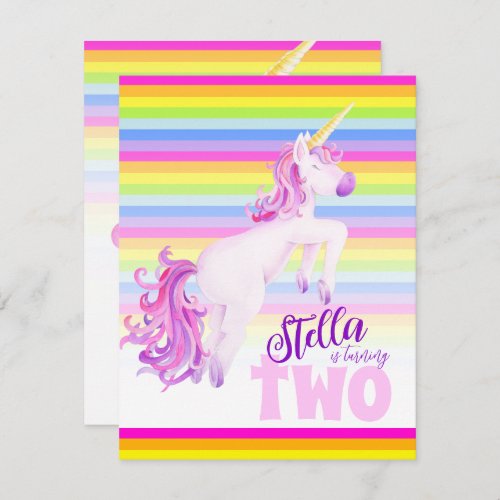 Unicorn art rainbow 2nd birthday invitations