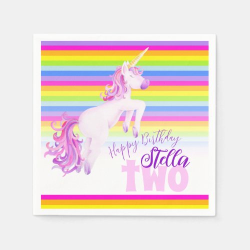 Unicorn art rainbow 2nd birthday named napkins