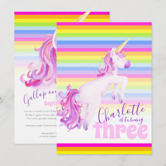 Unicorn art rainbow 3rd birthday invitations