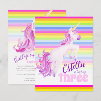 Unicorn art rainbow 3rd birthday invitations