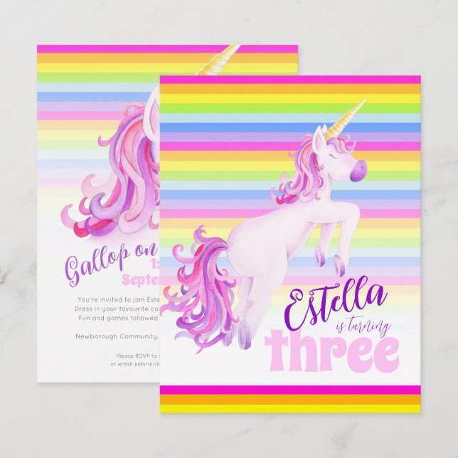 Unicorn art rainbow 3rd birthday invitations (Front/Back)