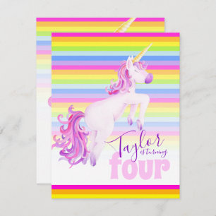 Unicorn art rainbow 4th birthday invitations