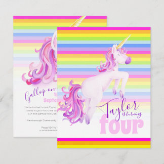 Unicorn art rainbow 4th birthday invitations