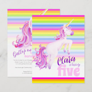 Unicorn art rainbow 5th birthday invitations