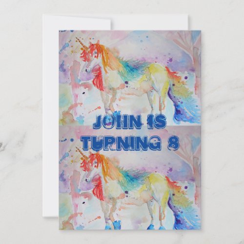 Unicorn Art Watercolour Boys Birthday Invitation