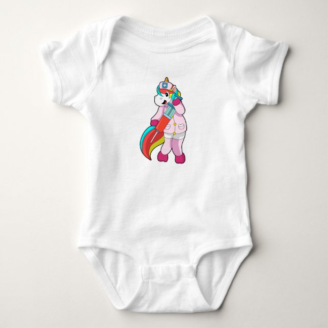 Unicorn as Nurse at Vaccination & Syringe Baby Bodysuit (Front)