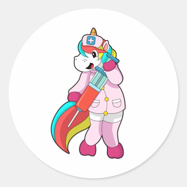 Unicorn as Nurse at Vaccination & Syringe Classic Round Sticker (Front)