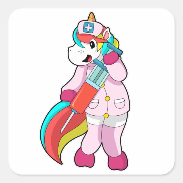 Unicorn as Nurse at Vaccination & Syringe Square Sticker (Front)