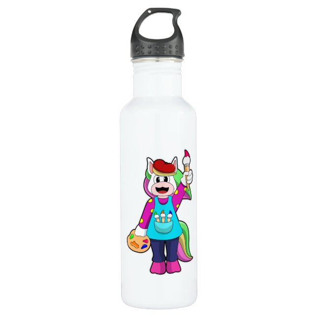Unicorn as Painter Stainless Steel Water Bottle (Front)