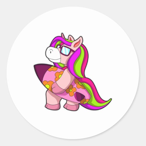 Unicorn as Surfer with Surfboard  Sunglasses Classic Round Sticker