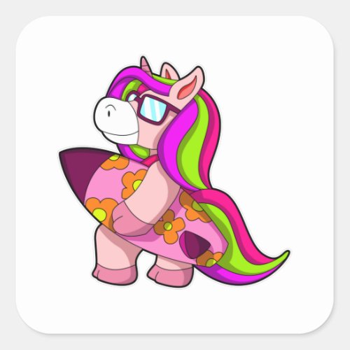 Unicorn as Surfer with Surfboard  Sunglasses Square Sticker