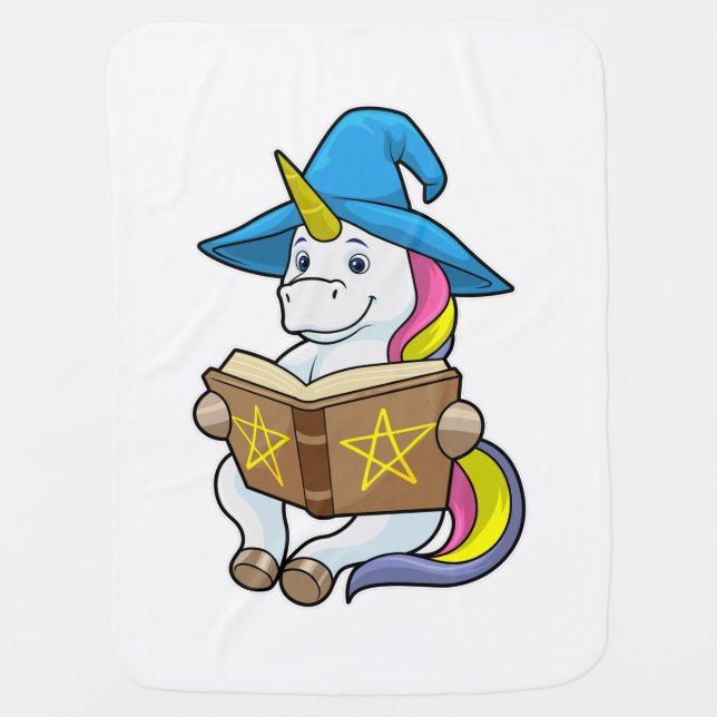 Unicorn as Wizard with Book & Hat Baby Blanket (Front)