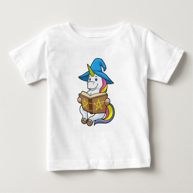 Unicorn as Wizard with Book & Hat Baby T-Shirt (Front)