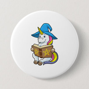 Unicorn as Wizard with Book & Hat Button