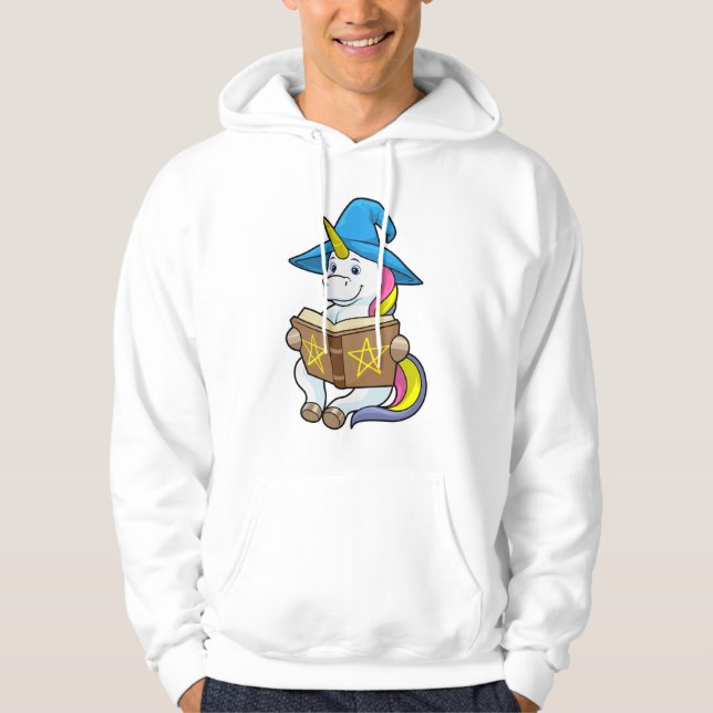 Unicorn as Wizard with Book & Hat Hoodie (Front)