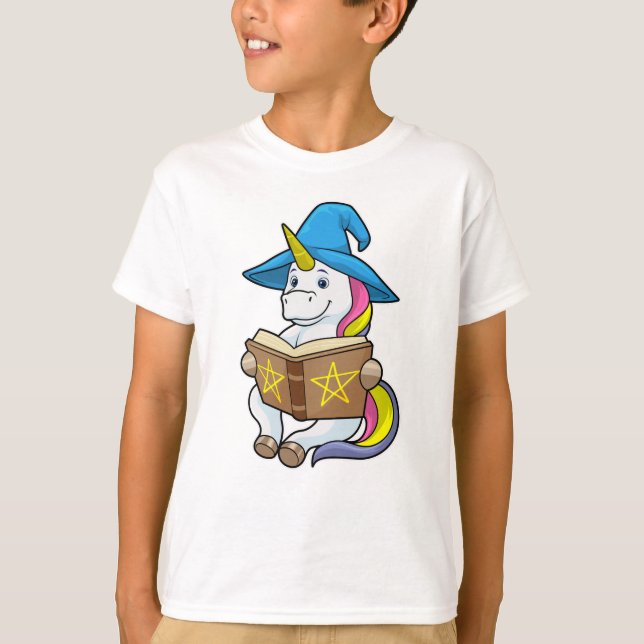 Unicorn as Wizard with Book & Hat T-Shirt (Front)