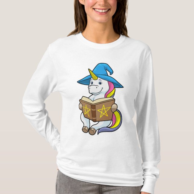 Unicorn as Wizard with Book & Hat T-Shirt (Front)