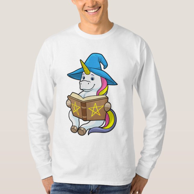 Unicorn as Wizard with Book & Hat T-Shirt (Front)