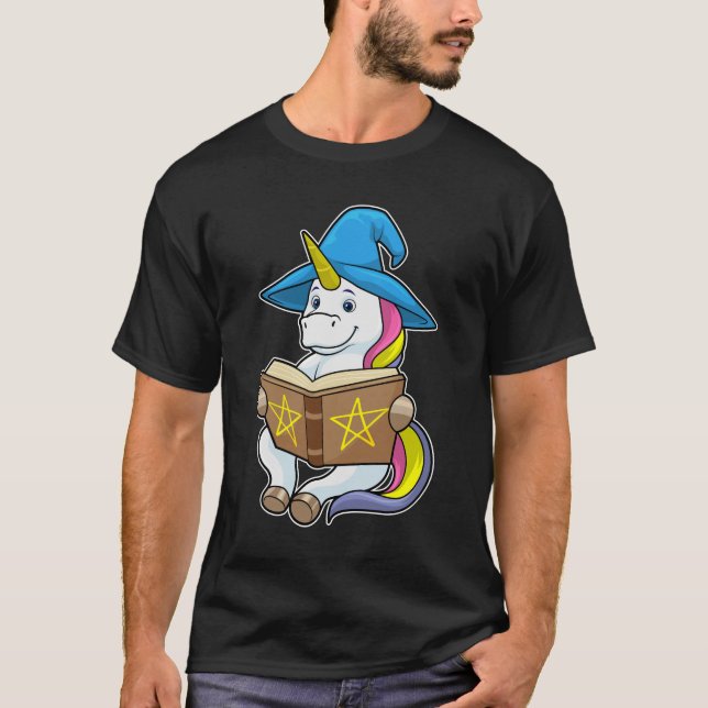 Unicorn as Wizard with Book & Hat T-Shirt (Front)