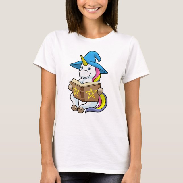 Unicorn as Wizard with Book & Hat T-Shirt (Front)