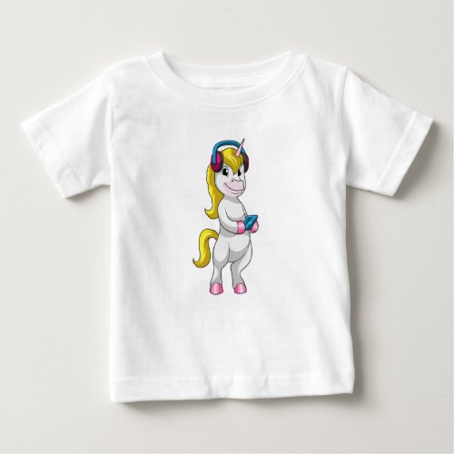 Unicorn at Listen to Music with Headphone Baby T_Shirt